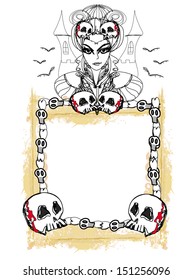 doodle vector frame , Halloween witch,bones, bats, skulls