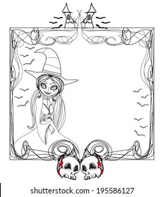 doodle vector frame , Halloween witch,bones, bats, skulls 