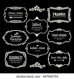 Doodle vector frame set.Ethnic Tribal style frame collection in monochrome.