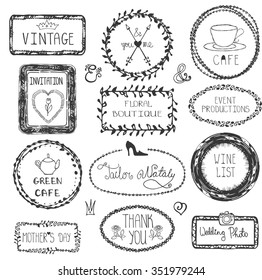 Doodle vector frames, logotype set.Hand drawn logo,titles,vintage Pattern decor.For decorative greeting card,wedding design template, invitations,holiday,cafe design,menu,branding,web.Illustration