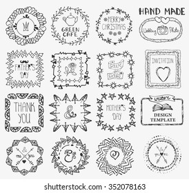 Doodle vector frames, logotype set.Hand drawn logo,titles,vintage Pattern decor.For decorative greeting card,wedding design template, invitations,holiday,baby design,menu,branding,web.Illustration