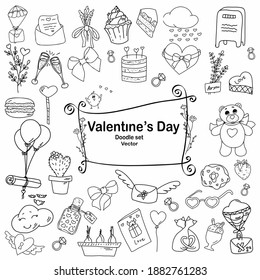Doodle vector freehand drawing of love on white background, valentines day background, card, couple, vector, gift, heart, food.