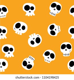 doodle vector funny cartoon head skulls in different characters on yellow background, pattern seamless background