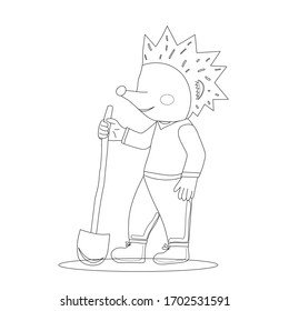 Doodle vector with gardener hedgehog in outline style.Animal illustration. Character Hedgehog holds a shovel. Stock illustration isolated on white background	
