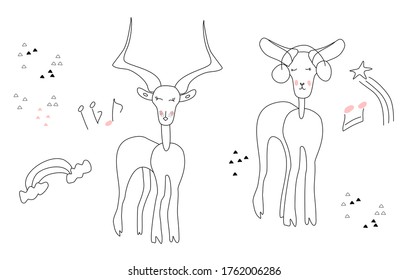 Doodle vector gazelle and saiga or antelope,couple in love.Saiga listening to music with headphones. Cute children's linear illustrations with animals.Rainbow,musical notes around.Best friends concept