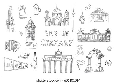 Doodle vector Germany Berlin travel landmarks set.