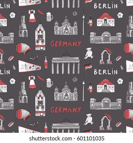 Doodle vector Germany Berlin travel landmarks pattern.