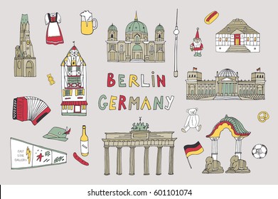 Doodle vector Germany Berlin travel landmarks set.