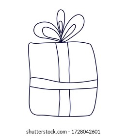 Doodle vector gift box line icon isolated on white background. Hand drawn sign. 