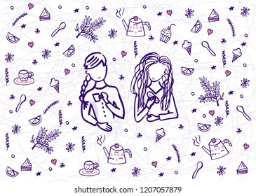 Doodle vector of girls drinking tea, and chatting, surrounded by tea time symbols such as cake, teapot, , lemon, cookies. Concept of tea time for web banners, printed materials