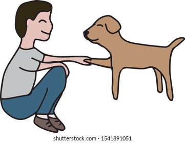 Doodle vector is "give me a paw or dog adoption" concept. The color illustration  shows a man or boy owner siting, training with a cute dog or puppy  with playful. The canine friend is obedient  