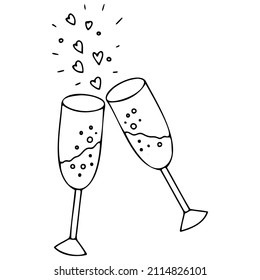 Doodle vector glasses with champagne and hearts for Valentine's Day, Mother's Day, wedding, love and romantic Hand Heart events.