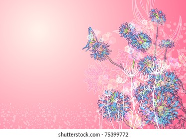 doodle vector grungy cute background with flowers