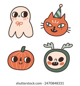 Doodle vector Halloween clip art. Funny kids magic sticker set - pumpkin, cat, deer spirit and ghost. Cute anime characters isolated on white background. Autumn holiday print for t-shirt