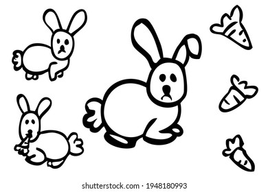 Doodle Vector hand draw Sketch 3 rabbit carrot, Isolated on white
