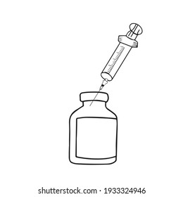 Doodle, von Hand gezogene Ampulle mit Spritze. Covid-19 Impfung, Pandemie, Apotheke, Kampf gegen ein Virus, Nadel. Symbol für Typografie und digitale Nutzung. 