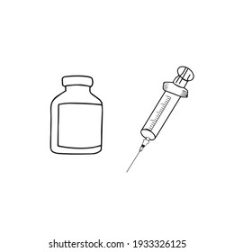 Ampolla extraída a mano por el vector del doodle con jeringa. Vacunación Covid-19, pandemia, farmacia, lucha contra un virus, aguja. Iconos para tipografía y uso digital. 