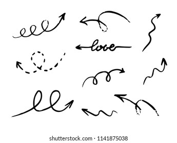 Doodle vector hand drawn arrows isolated on white background. Curved linear pointers collection