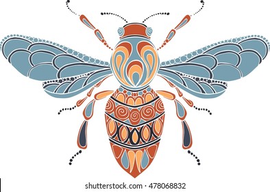 Doodle vector hand drawn bee illustration. Ornate decorative bee drawing