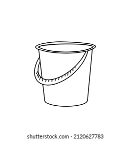 Doodle vector hand drawn bucket. Cleaning equipment and supplies, homekeeping, mopping, sweep up, wet cleaning, gardening, container. Design element isolated for typography and digital use.