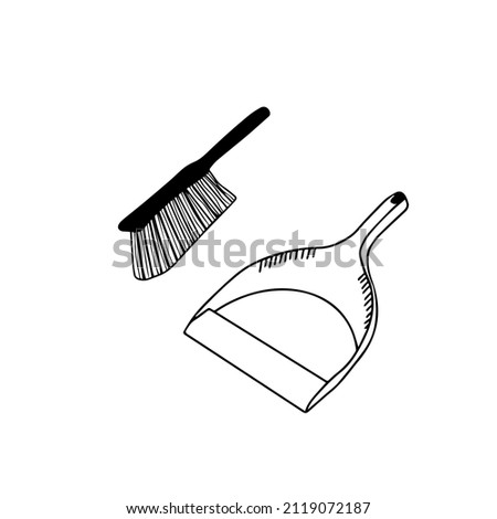 Doodle vector hand drawn dustpan scoop and brush for cleaning.  Sweep up, housekeeping utensil, garbage, washing floor, cleaning service, tidy. Design element isolated for typography and digital use.