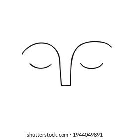 Doodle vector hand drawn face with closed eyes, eyebrows and nose. Modern art, line art, minimalistic portrait, meditation, sleepy face, simple design element. Typography and digital use.