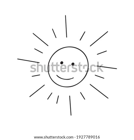 Doodle vector hand drawn funny smiling sun. Isolated icon, summer items, happy, sunny,   relax, warm weather, sunlight. Typography and digital use.