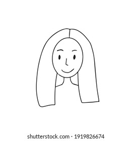 Doodle vector hand drawn happy smiling girl. Positive, cheerful, flat person avatar, teenage age, mental health. Printable and digital use design element.