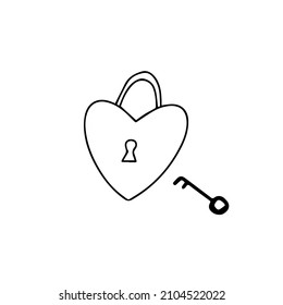 Doodle vector hand drawn heart padlock with key. 14 February, saint Valentine’s Day, wedding, love relationship,cute. Design element isolated for typography and digital use.