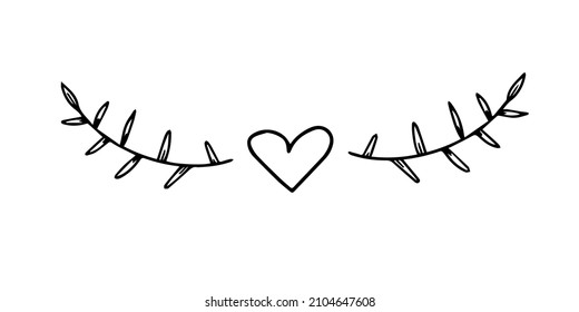 Doodle vector hand drawn heart with branches. Ornament, divider, scrapbooking, sticker, botanical, 14 February, wedding invitation. Design element for typography and digital use.