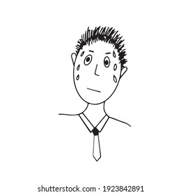 Doodle vector hand drawn icon avatar of stressed depressive office worker in tie with drops of sweat on face. Hardwork, mental health diseases, stressful work.Character for typography and Digital Use.