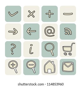 Doodle vector hand drawn icons - arrow, home, rss, search, mail, ask, plus, minus, shop, back, forward. Web tools symbols button set.
