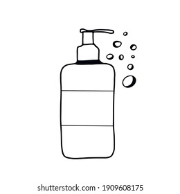 Doodle vector hand drawn liquid soap  face cleanser with dispenser and pump plastic packaging container. For washing and disinfecting hands. Antiseptic sanitiser black and white icon pictogram.