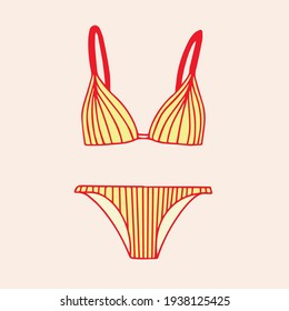 Vector de Doodle mano dibujado con la parte superior de rayas coloreadas rojas y amarillas y pantalones bikini. Un traje de baño y bronceado en la playa para mujeres. El bañador de la estación de mar tiene 10 pasos aislados, tipografía y uso digital.