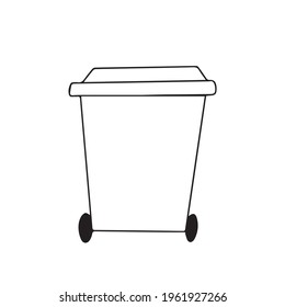 Doodle vector hand drawn rubbish bin with wheels. Recycle bin, garbage separation, zero waste, dumpster, ecological. Typography and digital use.