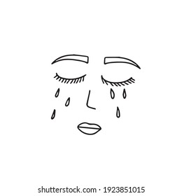 Doodle vector hand drawn sad girl face eyes with eyelashes, flat icon, mental health problems, negative thoughts, tattoo sketch, minimalist face. Design element isolated for typography and digital use
