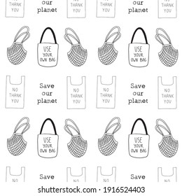 Doodle vector hand drawn seamless pattern.Reusable eco bags, shopper, zero waste lifestyle, lettering “save our planet”. Plastic bag handwritten“no thank you”. Printable for typography, design