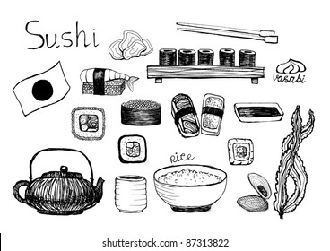 Doodle vector hand drawn sushi elements.
