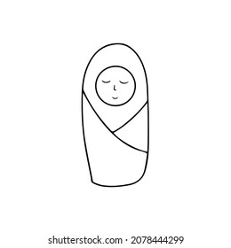 Doodle vector hand drawn swaddled sleeping newborn baby. Congratulations, motherhood,childbirth, maternity, baby shower,parenthood,children. Design element isolated for typography and digital use.