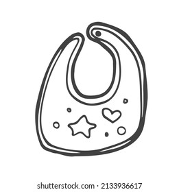 Doodle vector hand drawn textile bib for newborn kids. Children, first feeding, baby nursery, baby accessories, apron, childhood, maternity, complementary food.Design element isolated.