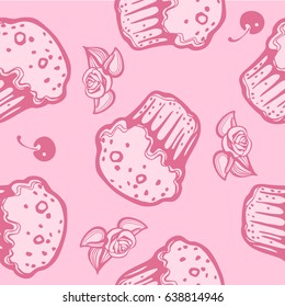 Doodle vector. Hand drawn vintage collection. Cakes seamless pattern. Pink vintage cakes with cherry,, sweet elements background for menu, cafe shop. Backdrop, fabric, wallpaper. Eps-8