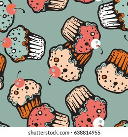Doodle vector. Hand drawn vintage collection. Cakes seamless pattern. Colored vintage cakes with cherry, sweet elements background for menu, cafe shop. Backdrop, fabric, wallpaper. Eps-8