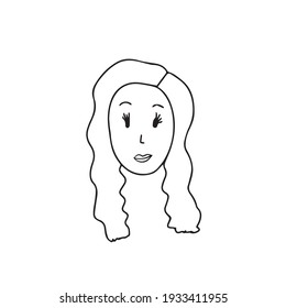 Doodle vector hand drawn women portrait avatar. Attractive women with long lashes and curly long hair. Business woman, housewife, salon, beautiful face. Typography and digital use. 