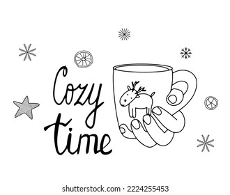 Doodle vector hand holding cup with deer. Winter hand drawn illustration. lettering phrase Cozy time