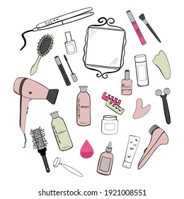 Doodle vector hand-drawn elements of makeup, hairdressing supplies, cosmetic facial skin care, illustration isolated on white background 
