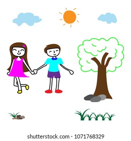 Doodle vector happy innocent boy and girl hold one's hands in the park, children's playground in the bright day