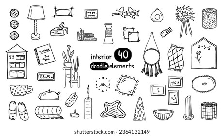 Doodle vector home design interior set. Hand drawn cute house elements