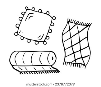 Doodle vector home design interior set. Pillow, rolled-up blanket and towel. Hand drawn cute house accessories
