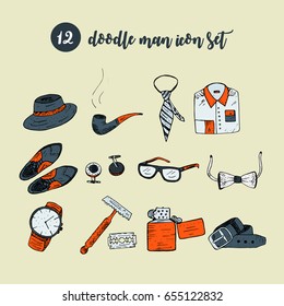 Doodle vector icon set with man accessories and symbols. Gentleman's vintage accessories doodle set. Hand drawn men illustrations
