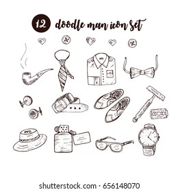 Doodle vector icon set with man accessories and symbols. Gentleman's vintage accessories doodle set. Hand drawn men illustrations